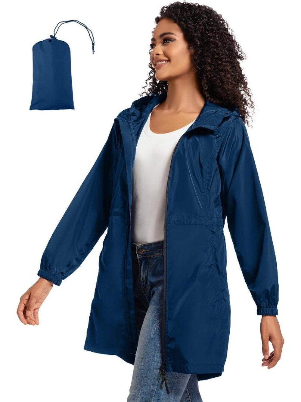 Women's Blue Hooded Waterproof Drawcord Waist Zip Pockets Packable Trench Coat